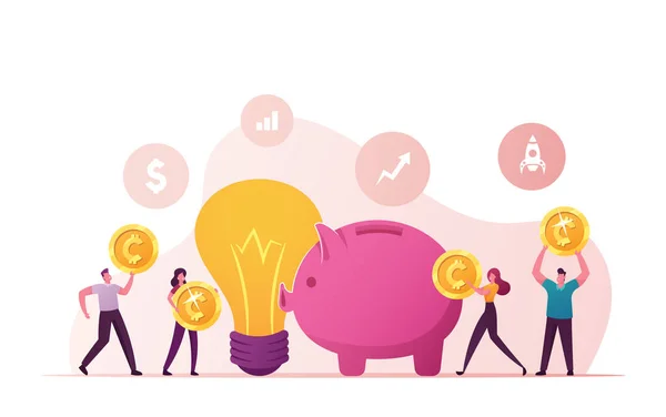 Crowdfunding Concept. Kleine mensen Invoegen van gouden munten aan Enorme Piggy Bank en gloeiende gloeilamp naast. Personages verzamelen geld voor het opstarten Business Idea Development. Cartoon Vector Illustratie — Stockvector