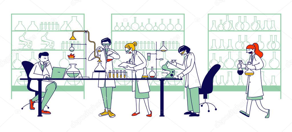 Chemistry Scientists, Professional People Characters Chemists or Doctors Research Medical Experiment in Scientific Laboratory with Contemporary Equipment, Researchers. Linear Vector Illustration