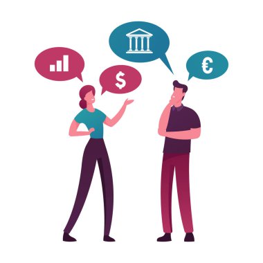 Para konuşur. Erkek ve Kadın Karakterler Para ve Bankacılık hakkında konuşuyor. İnsanlar Finansal Anlaşmaları Tartışıyor. İş danışmanlığı, Uzman Danışmanlık. Çizgi film İnsanları Vektör İllüstrasyonu
