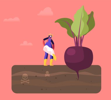 Female Farmer Character in Working Robe Pour Out Poisonous Fertilizer into Soil with Huge Beetroot Growing in Toxic Land. Farming Industry Agribusiness Ecology Pollution. Cartoon Vector Illustration clipart