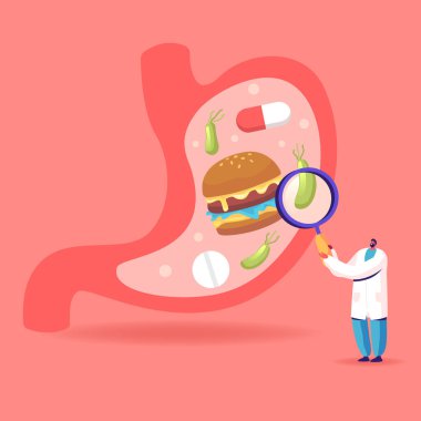Helicobacter hastalığı veya mide iltihabı olan Büyüteç Hastalığı Olan Erkek Doktor Karakteri. Gastroenteroloji, Sağlık, Tıp ve Sağlık Konsepti. Çizgi film Vektör İllüstrasyonu