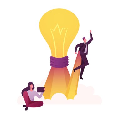 Karakterler Konseptin Dışını Düşünür. Tablet Bilgisayarlı Kadın, İşadamı Roket Motoru ile Havalan Büyük Parlayan Ampul, Yaratıcılık ve Olağanüstü 'ün önünde. Çizgi film İnsanları Vektör İllüstrasyonu