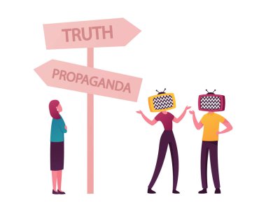 Tv Ekran Başlı Kadın Karakterler Gerçek ve Propaganda İşaretli Yol İşaretinde Duruyor. Beyin yıkama Medya Yönlendirmesi, Yanlış Bilgi Konsepti. Çizgi film İnsanları Vektör İllüstrasyonu