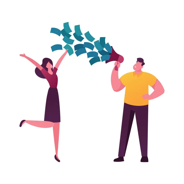 Man Character Cry to Reproduktor with Money Flow Out, Woman Happily Jumping. Total Sale in Store, Shopping Promotion, Announcement and Loyalty Program Concept. Vektorová ilustrace kreslených osob — Stockový vektor