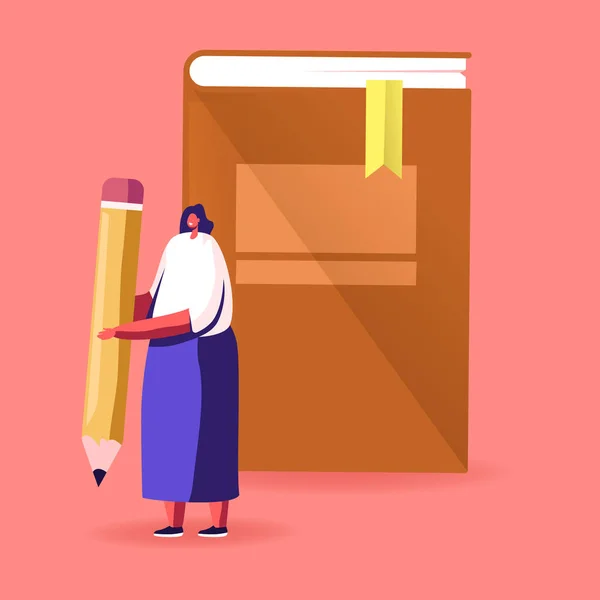 Joven mujer carácter Hold Pen frente al libro enorme Prepárate para el examen de gramática o hacer la tarea. Estudiante chica leer y aprender. Educación en la Universidad o Concepto de Colegio. Ilustración de vectores de dibujos animados — Vector de stock