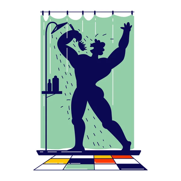 Man Singing Song in Shower Holding Brush als een microfoon Stel je voor als een artiest Super Star. Naakt Gelukkig Man Karakter Zwemmen en dansen tijdens het wassen in de badkamer. Lineaire vectorillustratie — Stockvector