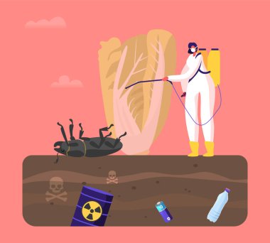 Female Character in Protective Suit and Mask Spray Insecticide on Huge Green Plant with Dead Bug Lying on Poisonous Land. Vegetable Grow in Garden with Polluted Toxic Soil. Cartoon Vector Illustration clipart