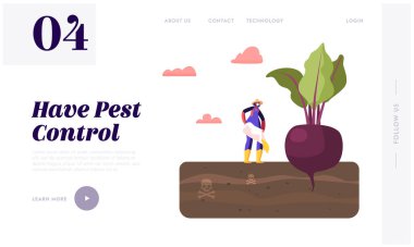 Tarım Sanayi Ekoloji Kirliliği İniş Sayfası Şablonu. Kadın Çiftçi Karakteri Zehirli Gübreyi Zehirli Toprakta Dev Pancar Yetiştirmek İçin Döküyor. Çizgi film Vektör İllüstrasyonu