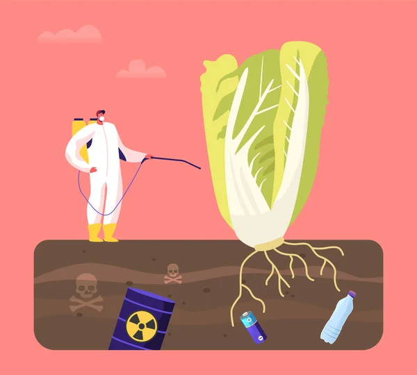 Caractère masculin en combinaison protectrice et masque pulvérisation d'engrais insecticide insecticide sur une énorme plante verte, légumes dans le jardin poussent dans un sol toxique pollué. Ecologie Danger. Illustration vectorielle de bande dessinée — Image vectorielle