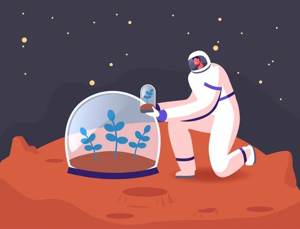 Man Astronaut Karakter in Space Suit Planting Green Sprout to Soil onder Glass Dome op Red Planet Surface. Mars kolonisatie, Universum, Buitenkosmos Exploratie Concept. Cartoon Vector Illustratie — Stockvector