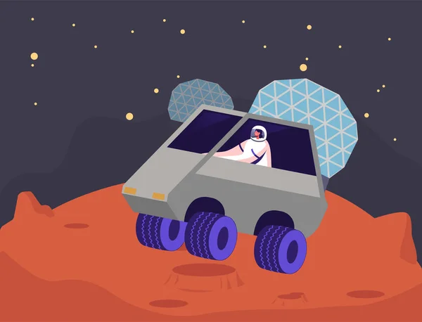 Női űrhajós karakter Ride Rover a Mars felszínen. Külső tér és idegen bolygók feltárása, galaxis kutatás és gyarmatosítás koncepció. Űrhajós Fedezd fel a Vörös Bolygót. Rajzfilm vektor illusztráció — Stock Vector