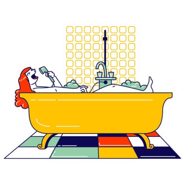 Genç Kadın Spa Otel 'de ya da Evde Bubbles ile Bath' da Dinleniyor ve Şarkı Söylüyor. Mutlu Kadın Karakteri Hijyen Güzellik Prosedürü. Vücut yıkayan kız köpüklü banyo borusunda oturuyor. Doğrusal Vektör İllüstrasyonu