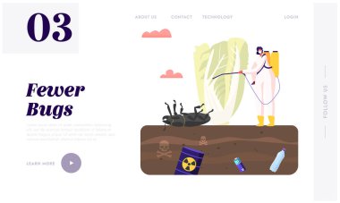 Zehirli Toprak İniş Sayfası Şablonu ile Bahçede Sebze Yetiştirme. Koruyucu Takım Elbise ve Maske Spreyindeki Kadın Karakteri Zehirli Topraklardaki Dev Bitki İlacı. Çizgi film Vektör İllüstrasyonu