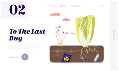 Ekoloji Tehlike İniş Sayfa Şablonu. Koruyucu Giysi ve Maske Giyen Erkek Karakteri Böcek İlaçlı Böcek İlacı Zehirli Toprakta Dev Yeşil Bitki Yetiştirme İlacı. Çizgi film Vektör İllüstrasyonu