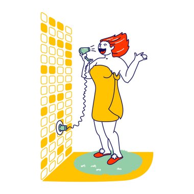 Havluya Sarılı Kadın Karakteri Saç Kurutma Odasında Şarkı Söylüyor. Fan 'la duştan sonra eğlenen komik kız. Bath Fooling 'de Kadın Şarkıcı Eğitimi ve Rahatlama. Doğrusal Vektör İllüstrasyonu