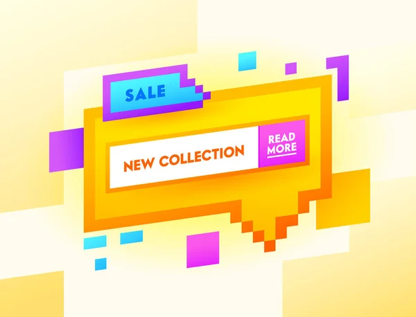 Sale New Collection Banner με Τυπογραφία σε κίτρινο Pixel Ομιλία Bubble και γραφικά τυχαία γεωμετρικά στοιχεία. Παράθεση Cloud, Icon, Sticker, διαφήμιση προώθησης μάρκετινγκ έκπτωση. Εικονογράφηση διάνυσμα κινουμένων σχεδίων — Διανυσματικό Αρχείο