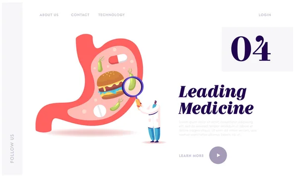 Helicobacter Disease або Gastritis Landing Page Template. Чоловічий Доктор Характер з величезним збільшуванням скла Навчання хвороби стомах. Gastroenterology Medicine and Healthcare Cartoon Vector Illustration — стоковий вектор