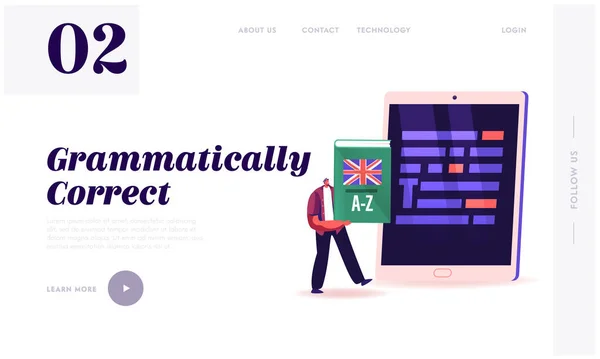 ランディングページテンプレートの校正。小さな男性の文字を保持する英語の辞書は、テキストでの文法テストの間違いを強調した巨大なタブレットPCの前に立つ。漫画ベクターイラスト — ストックベクタ