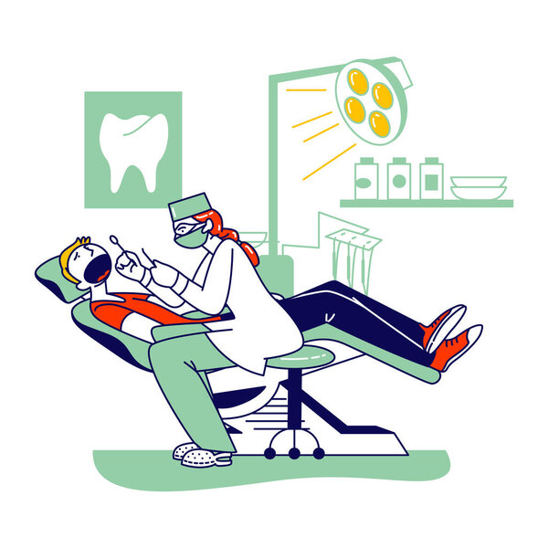 Man Patient Lying in Medical Chair in Stomatologist Cabinet with Equipment. Doctor Character Conducting Health Medical Check Up Treatment Looking at Oral Cavity. Linear People Vector Illustration