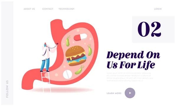 Gastroenterology Landing Page Template.Doctor Character Stand on Ladder at Huge Stomach (dalam bahasa Inggris). Studi Medis Stomachache Penyebab Gastritis dan Penyakit Helicobacter. Ilustrasi Vektor Rakyat Kartun - Stok Vektor