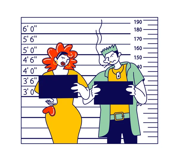 Criminal Characters Mug Shot in Police Station. Ginger Prostitute with Smoking Drug Dealer Stand at Height Scale Holding Blank Placards in Hands. Arrested People in Prison. Linear Vector Illustration — Stock Vector