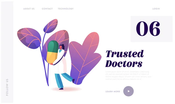 Doença de Gastroenterologia, Prevenção de Doenças Landing Page Template. Personagem Médico Feminino Carry Pílula de Medicina Enorme Antibiótico ou analgésico, Tratamento de Doença Pandêmica. Desenhos animados Vector Ilustração — Vetor de Stock