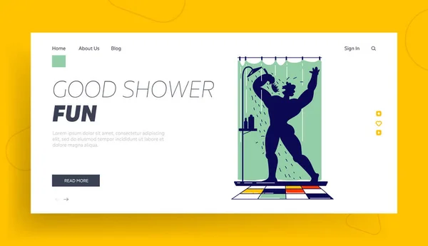 Man Singing Song in Shower Holding Brush, mint a Microphone Landing Page Sablon. Meztelen Boldog Férfi Karakter Fürdés és Tánc közben Mosakodás Fürdőszobában, mint a Super Star. Lineáris vektor illusztráció — Stock Vector