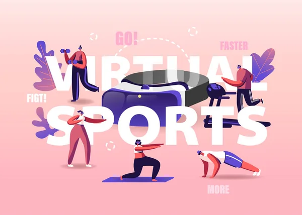 As pessoas usam o conceito de realidade virtual. Personagens minúsculos vestindo óculos Vr Exercício na esteira, Luta, Empurrar para cima, Realidade Aumentada Sports Workout Poster Banner Flyer. Desenhos animados Vector Ilustração —  Vetores de Stock