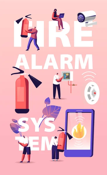 火災警報安全システムの概念。文字事故のスマートフォンから通知を取得します。消火器を持つ人々、電気技師は作業ドラフトポスターを検討します｜バナーフライヤー。漫画ベクターイラスト — ストックベクタ