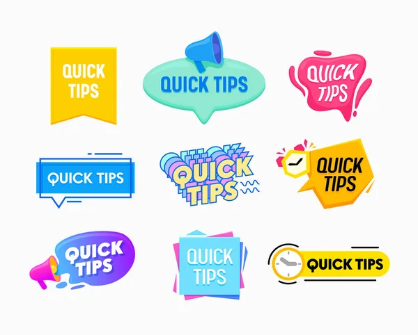 Quick Tips Helpful Tricks Emblems and Banners Set Speech Bubbles with Megaphone, Alarm Clock Isolated on White Background. Helpful Idea, Advice and Solution, Useful Hints. Cartoon Vector Illustration — Stock Vector