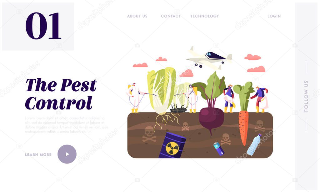 Pest Control Landing Page Template. Workers Characters in Chemical Protective Suit Insecticide and Pesticide with Sprayers on Huge Vegetables in Toxic Polluted Soil. Cartoon People Vector Illustration