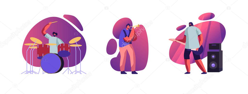 Set Music Players Male Characters Band with Electric Guitar, Cornet and Drum Kit Isolated on White Background. Rock Pop Musicians Playing Live Instruments. Cartoon People Vector Illustration, Clip Art