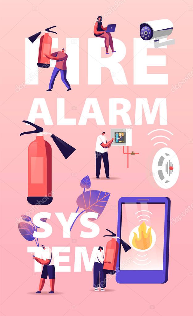 Fire Alarm Safety System Concept. Characters Get Notification from Smartphone of Accident. People with Extinguisher, Electrician Examine Working Draft Poster Banner Flyer. Cartoon Vector Illustration