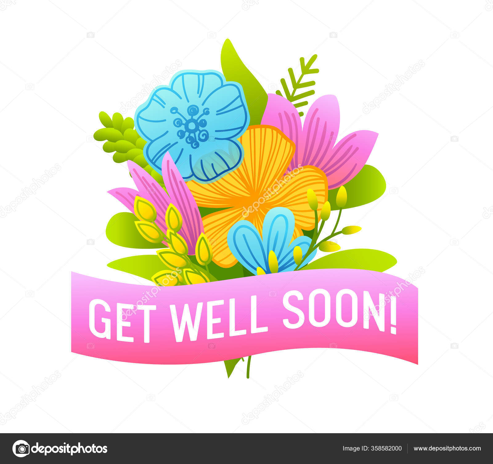 Get Well Soon Banner with Doodle Flowers, Pink Ribbon and Typography