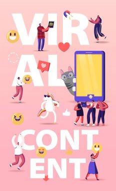 Viral İçerik Konsepti. Dev Mobil 'de Komik Tekboynuz ve Kedili Minik Karakterler. Sosyal Medya Blog 'u, Film Akımı, Çevrimiçi Ağ Poster Uçuşunu Seviyor Çizgi Roman İnsanları Vektör Resimleri
