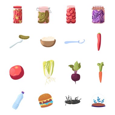 Icons, Cartoon Red Hot Chili Pepper, Marinated Pickles ve Fermente Food. Domates, lahana ve tuzlu kaşık pancarı, olgun havuç, sebze suyu ve hamburger. Vektör İllüstrasyonu