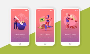 Brezilya Mutfak Mobil Uygulama Sayfası Ekran Şablonu. Tiny People Karakterleri Kızarmış Karides Pişiriyor ve Yiyiyor, Feijoada Beans of Beef ve Pork Concept. Çizgi film Vektör İllüstrasyonu