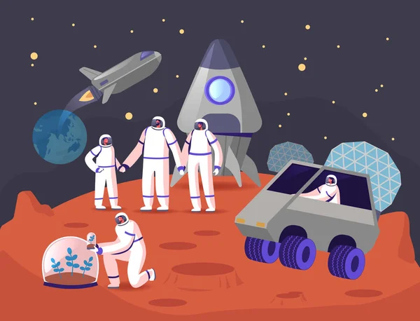 火星植民地化の概念。宇宙飛行士赤い惑星表面の家族のキャラクター。宇宙での父と子ロケットの近くにスーツ、ガラスドームの下にスプラウトを植える。漫画人ベクトルイラスト — ストックベクタ