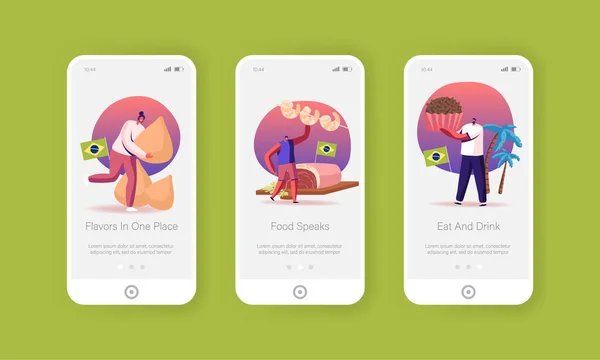 Food Mobile App Page Tradisional Brasil Onboard Screen Template. Karakter-karakter Orang Kecil memegang Permen Truffle Brasil yang besar Brigadeiro, Udang dan Ayam Konsep Coxinhas. Ilustrasi Vektor Kartun - Stok Vektor