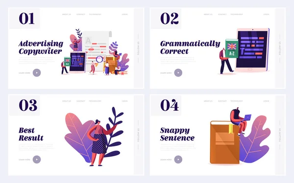 Grammatica Test Onderzoek Landing Pagina Template Set. Karakters Markeer Fouten, Studenten Lezen en Leren op School of College. Online onderwijs op afstand. Cartoon People Vector Illustratie — Stockvector