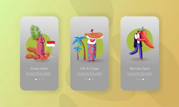 Indonéz konyha, népszerű malajziai Appetizers Mobile App Page On board Screen Template. Apró emberek karakterek főzés ázsiai élelmiszer csirke Satay és sült hal koncepció. Rajzfilm vektor illusztráció — Stock Vector
