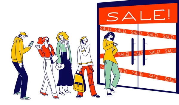 Personajes del cliente Compras en tienda, venta, descuento y concepto de oferta especial. Diversas personas vestidas con ropa de moda de pie en la cola de espera Puertas de la tienda de apertura. Ilustración de vectores lineales — Vector de stock