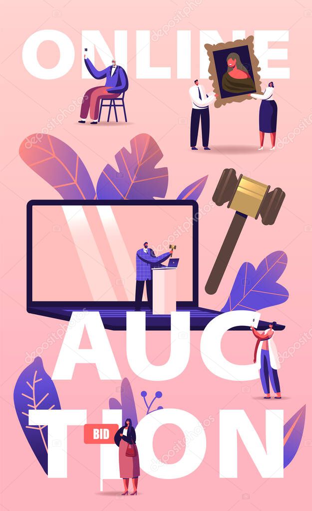 Online Auction Concept. People Buying Assets in Internet. Tiny Male and Female Characters around of Huge Laptop, Gavel Holding and Rising Bid Boards Poster Banner Flyer. Cartoon Vector Illustration