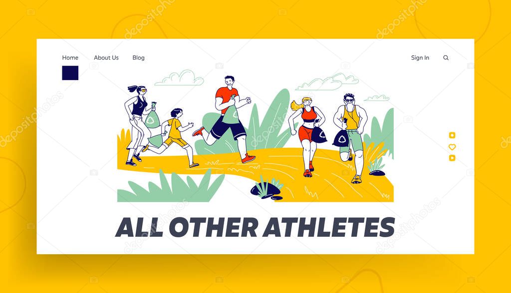 Active People Picking Up Litter During Plogging Landing Page Template. Characters Run at Natural Park Cleaning Environment. Healthy Lifestyle and Ecology Protection. Linear People Vector Illustration