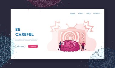 Mass Media Propaganda ve Manipülasyon İniş Sayfa Şablonu. Televizyon ekranında Hortumlu ve Fırça Fırçası Yıkayan Dev Beyin İnsani Karakterler. Beyin yıkama ve yanlış bilgi. Çizgi film Vektör İllüstrasyonu