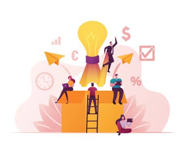 Dış konsepti düşün. Minik Erkek ve Kadın Karakterler Büyük Karton Kutuda Ampul, Kağıt Uçaklar ve Roket Motorlu İşadamı Uçuyor. Çizgi film İnsanları Vektör İllüstrasyonu