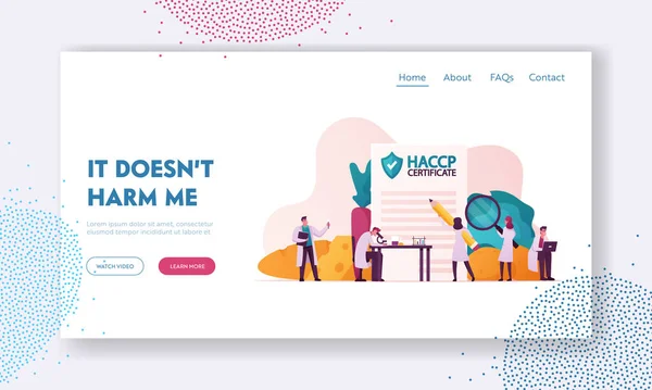 Haccp Hazard Analysis and Critical Control Point Landing Page Template Правила управління якістю в харчовій промисловості. Крихітні персонажі з мікроскопом. Cartoon People Vector Illustration — стоковий вектор