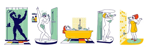 Счастливые персонажи мужского и женского пола принимают душ в ванной и поют. Люди моются и веселятся. Женщина сидит в ванной, сушит волосы, поет мужчина в пене. Хобби и отдых. Линейный вектор — стоковый вектор