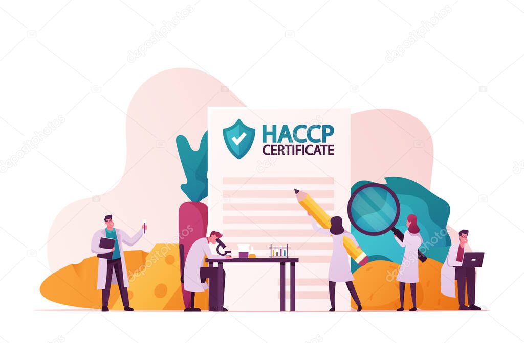 Haccp Hazard Analysis and Critical Control Point. Standard and Certification, Quality Control Management Rules for Food Industry. Tiny Characters with Microscope. Cartoon People Vector Illustration
