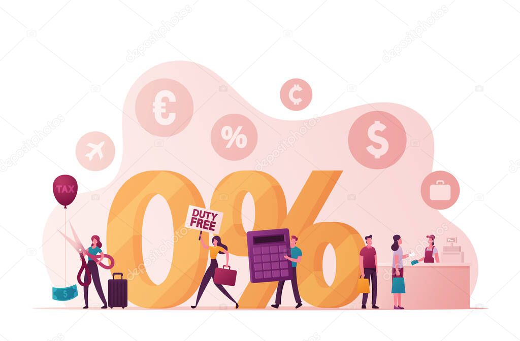 Male and Female Characters Purchasing in Tax and Duty Free Store. Tiny People at Huge Zero Percent Symbol, Customers Paying at Shop Counter Desk, Man with Calculator. Cartoon Vector Illustration